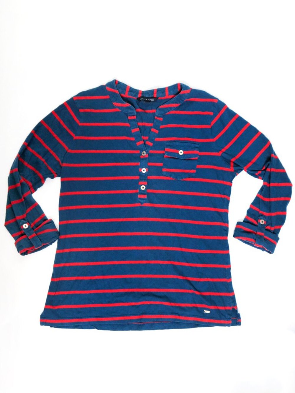 TOMMY HILFIGER Navy Blue & Red Striped Henley Mid Sleeve Pocket Tee, Preppy